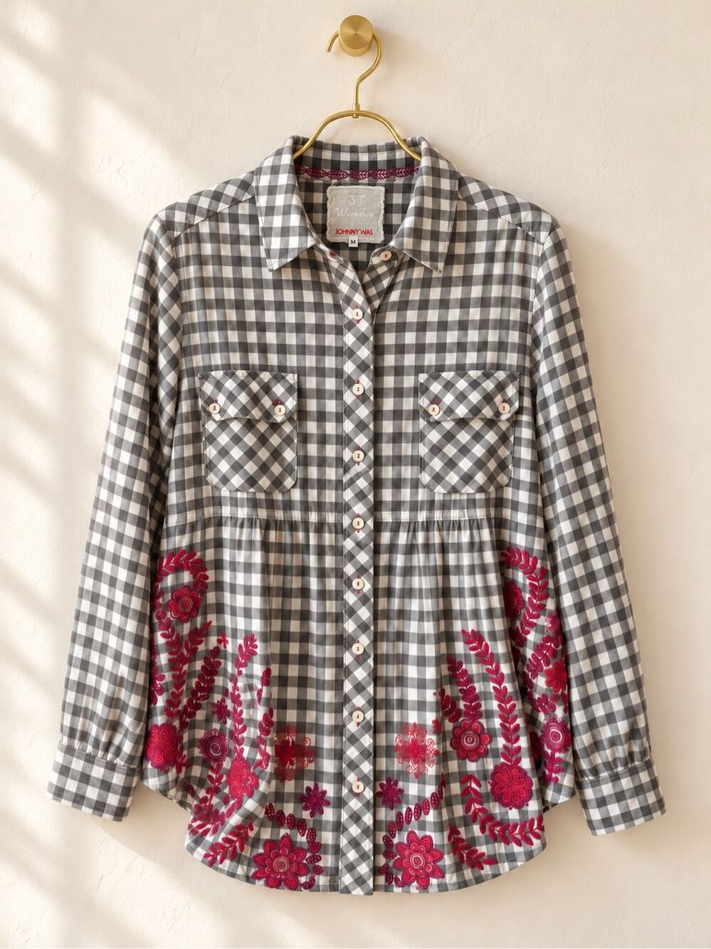 Johnny Was 3J Workshop Gingham Embroidered Flannel Button Down, Med F45 $198